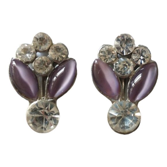 Victorian Rhinestone Earrings Purple Art Deco Lavender Screw Back Silver Tone - Picture 8 of 15
